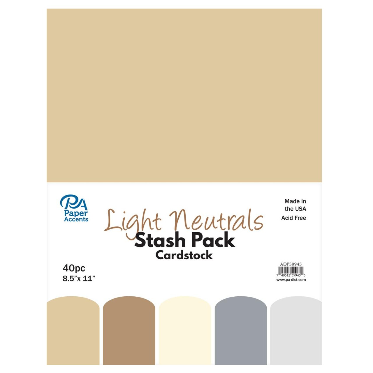 PA Paper Accents Stash Pack Cardstock Pack 8.5" x 11" Light Neutrals, colored cardstock paper for card making, scrapbooking, printing, quilling and crafts, 65lb., 40 pieces